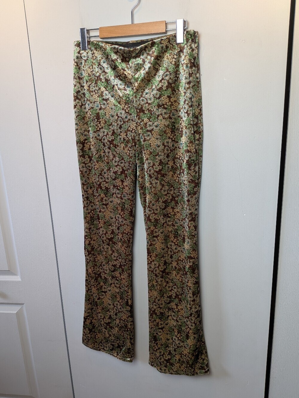 ZARA Velvet Flare Women Pants Floral Pattern Size Large 70' Boho Green Brown
